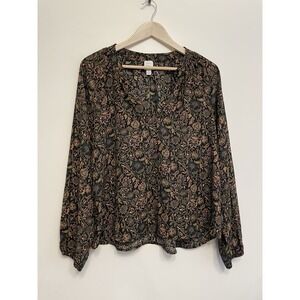 ROAN + RYAN Blouse Top Women Medium Black Floral VNeck Sheer Flowy Office Dressy